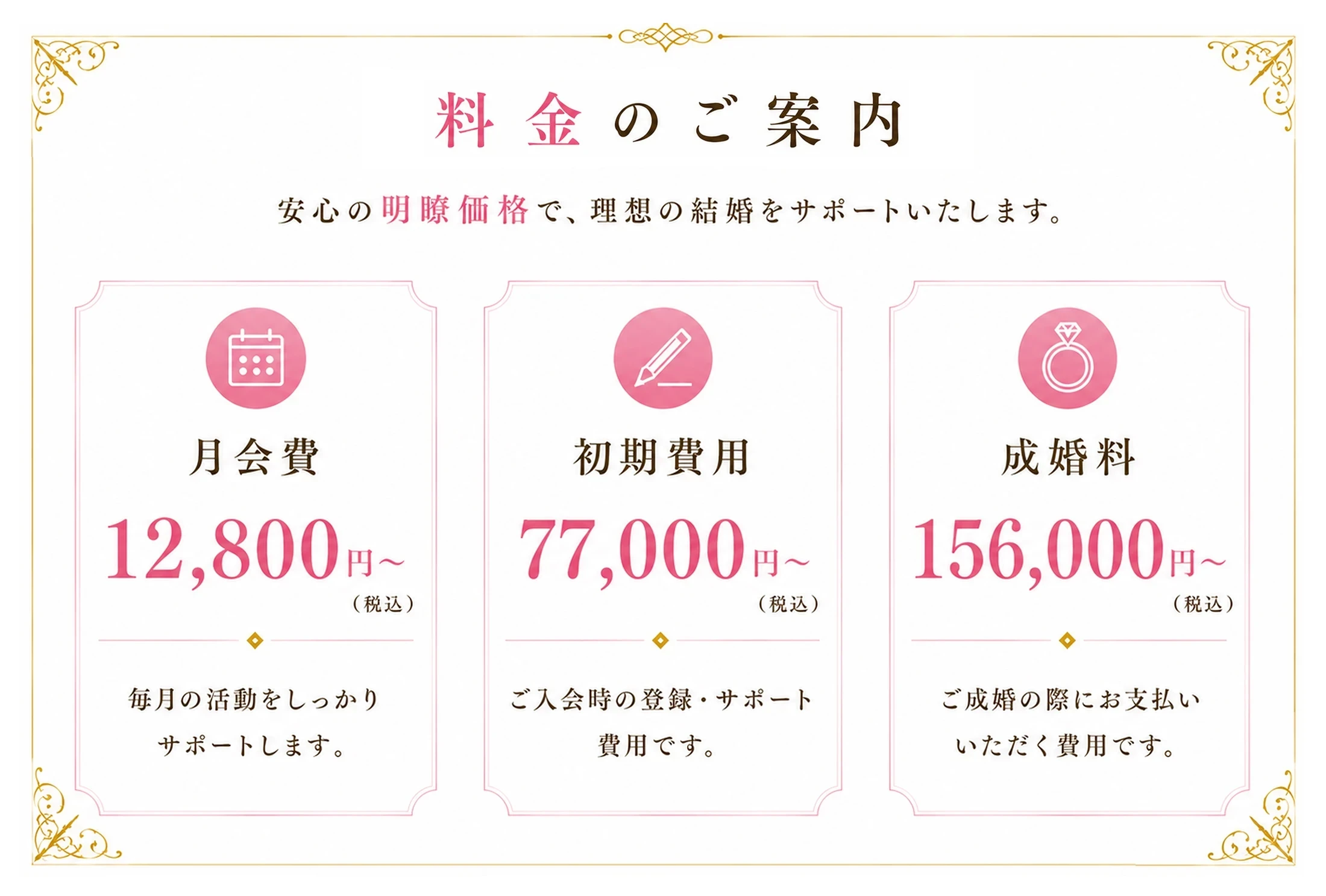 料金のご案内　安心の明瞭価格で、理想の結婚をサポートいたします。（月会費）12,800円～（初期費用）77,000円～（成婚料）156,000円〜 ※全て税込